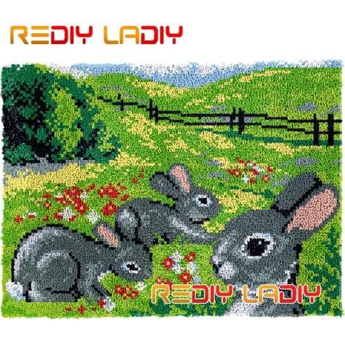 Latch Hook Rug Kits Three Rabbits Plush Wall Tapestry DIY Carpet Rug Thick Yarn Arts Cushion Crochet Floor Mat Home Decor Gifts