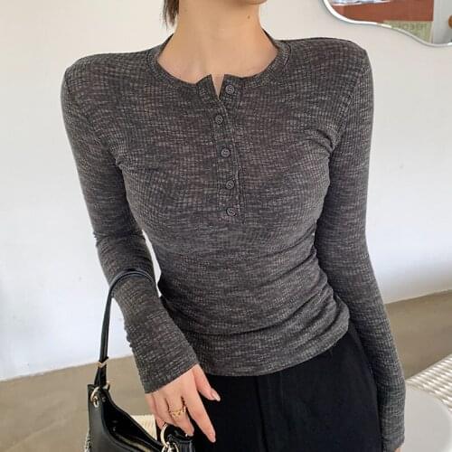 2021 Spring New Women T-shirts Basic Solid Color Long Sleeve Slim T Shirt Female Casual Buttons Top