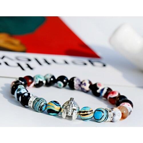 Charm Men Roman Knight Spartan Helmet Bracelet Unisex Natural Stone Beaded Bracelet Mala Yoga Elastic Bracelet