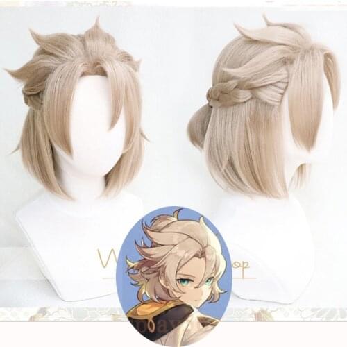 High Quality Genshin Impact Albedo Cosplay Wig 35cm Short Braided Small Ponytail Heat Resistant Hair + Wig Cap