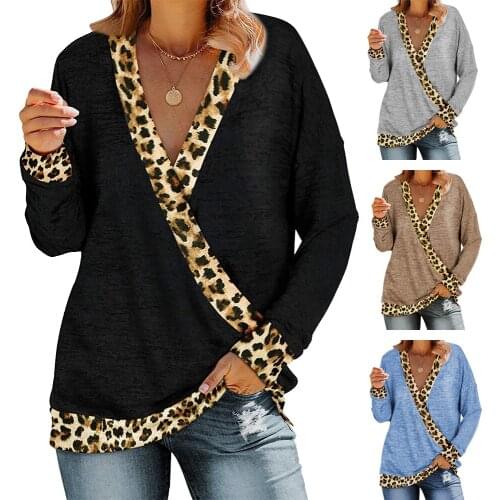 Sexy Deep V Neckline Pullover Tops Women Fashion Leopard Print Long Sleeve Color Block T-Shirt Casual Loose Comfy Autumn Shirt