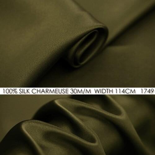 CISULI 30momme SILK CHARMEUSE SATIN Fabric 114cm width to sew Maxi Dress Women Pants No.1749 Army Green