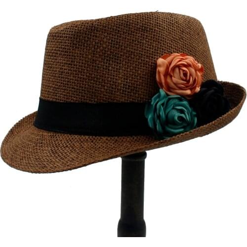 Summer Toquilla Straw Women Men Boater Beach Sun hat For Elegant Lady Queen Chapeu Feminino Fedora Hat With Camellia Flower