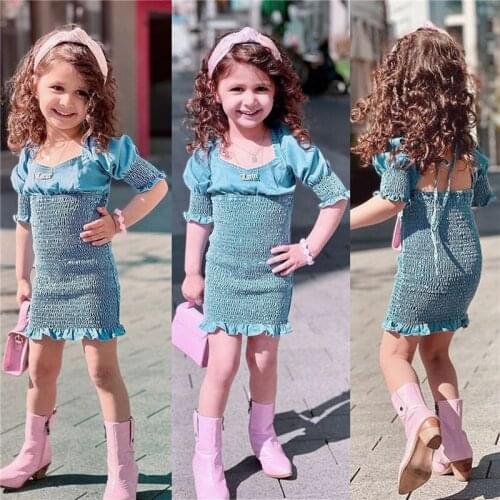 Stylish Toddler Girls Casual Close-fitting Dress, Blue Solid Color Short Sleeve Square Collar Sundress, 1-5Years