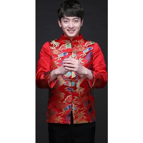 Traditional Chinese Clothing Tops Dragon Men 's Dress Groom Men Cheongsam Tang Suit Wedding Jacket Vintage Jacket Red