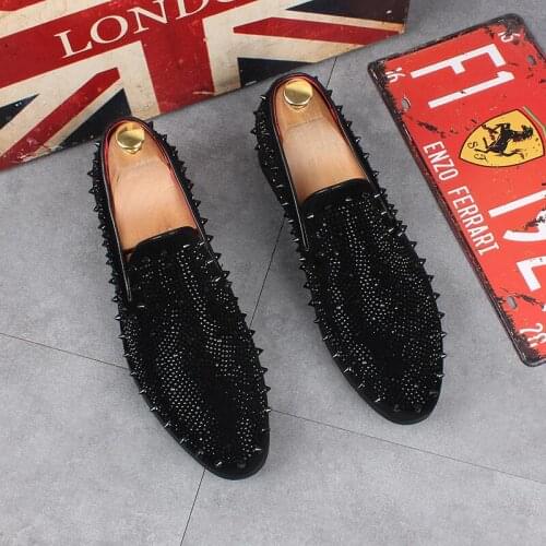 British style mens fashion punk hip hop dress genuine leather rivets shoes slip-on driving shoe rhinestone breathable loafers