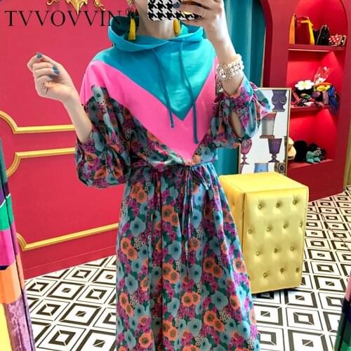 TVVOVVIN Patchwork Floral Hooded Mid-calf Half Lantern Sleeve Spring Autumn Vestidos Women 2020 Korean Style Dress X171