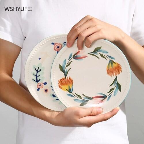 WSHYUFEI Painted ceramic plate Hand-painted flowers Underglaze color Dish plate Household flat plates Kitchenware