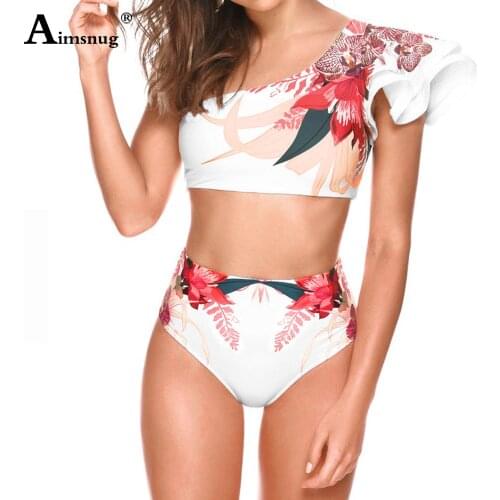 Women High Cut Bikini Sets Two Pieces Swimwea One Shoulder Swimsuits Bohemian Flower Print 2PCS Outfits Sexy Femme Clothing 2021