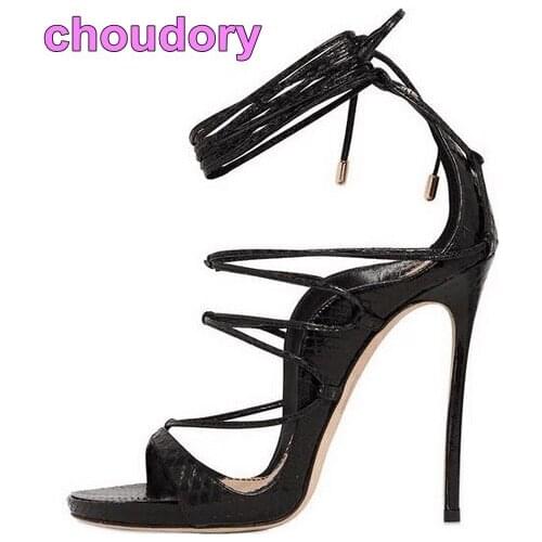Ladies Sexy Black Gold Snakeskin Stiletto Heels Gladiator Sandals Lace-up Strappy Covered Heels Dress Pumps Python Printed Shoes