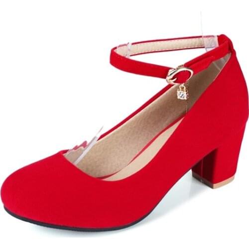 Big Size 11 12 13 14 ladies high heels women shoes woman pumps Rough-heeled buckle square and round-headed shallow opening