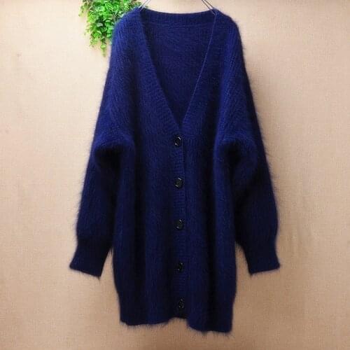 Ladies women fashion blue hairy mink cashmere knitted long batwing sleeves loose long sweater cardigan angora fur jacket coat