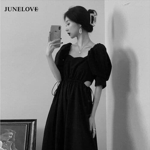 JuneLove Women Summer Sexy Drawstring Long Dress Vintage French Lady Puff Sleeve Party Dress Casual Street Female Backless Dress