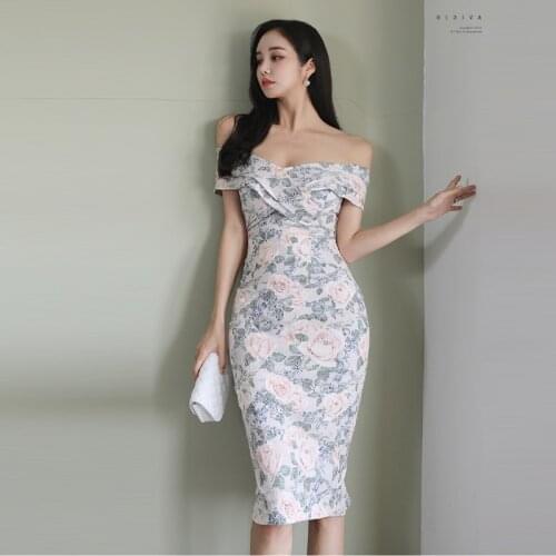 Summer Korean Style Office Lady Fashion Slash Neck Elegant Print Bodycon Dress Vestidos 2021 New Women Slim Sheath Pencil Dress