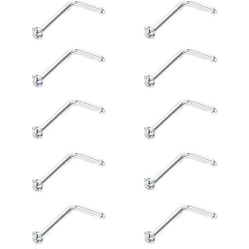 10Pcs 925 solid Sterling Silver 1.5mm L Shape Nose Ring Studs for Women Mens Clear Crystal Nose pin Piercing Set Body Jewelry