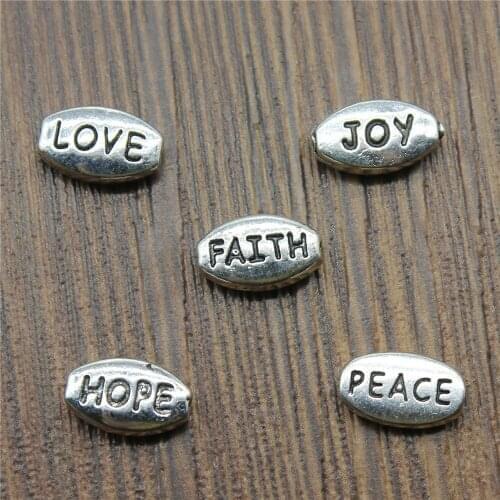 50pcs Small Hole Beads Charms Antique Silver Color Love Faith Joy Peace Hope Small Hole Beads Charm Jewelry Accessories