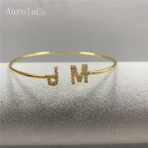 AurolaCo Customized Name Bracelet Personalized Custom Zircon Letters Bangles Women Men Gold Stainless Steel Jewelry Gifts
