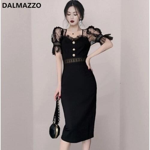 DALMAZZO 2021 New Summer Sexy Package Hip Slim Long Dresses Women Square Collar Patchwork Lace Over Knee Length Dress Vestidos