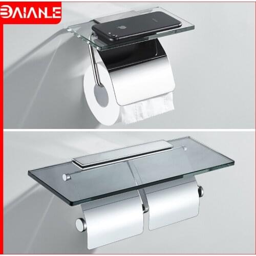 Toilet Paper Holder Stainless Steel with Glass Shelf Paper Towel Holders for Kitchen Wall Mounted Bathroom Toilet Roll Holder