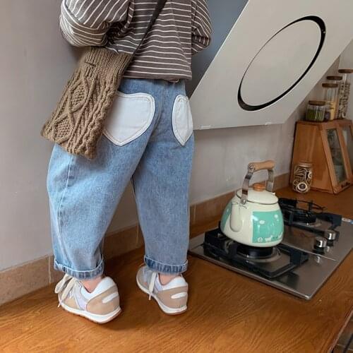 Spring Autumn girls fashion back heart shape pocket all-match jeans kids patchwork waist casual denim pants