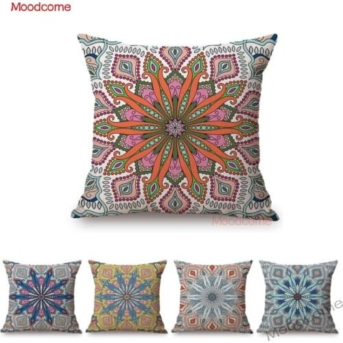 Classic Mandala Flower Geometric Pattern Purple Navy Blue Decorative Pillowcase Cotton Linen Square Bohemian Sofa Cushion Cover