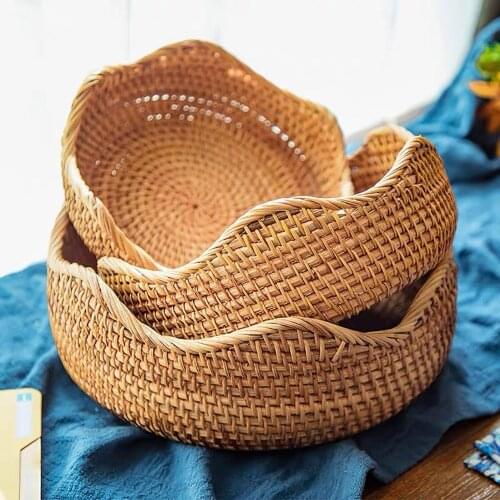 Round Rattan Woven Storage Basket Fruit Bread Food Kitchen Home Decor Organizer woven basket tray