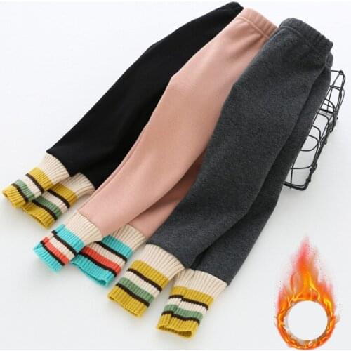 2-7 Y Baby Girls Leggings 2020 Winter New Kids Cotton Thicken Leggings Fashion Stripe Splicing Velvet Warm Skinny Pants for Girl