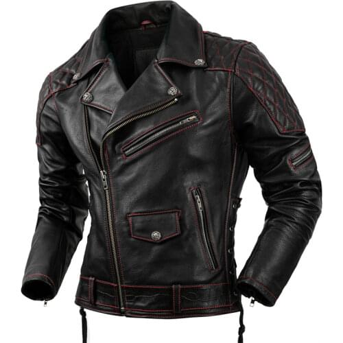 Autumn New slim fit Men＇s Natural top Cowhide Leather Jacket motorcycle suit