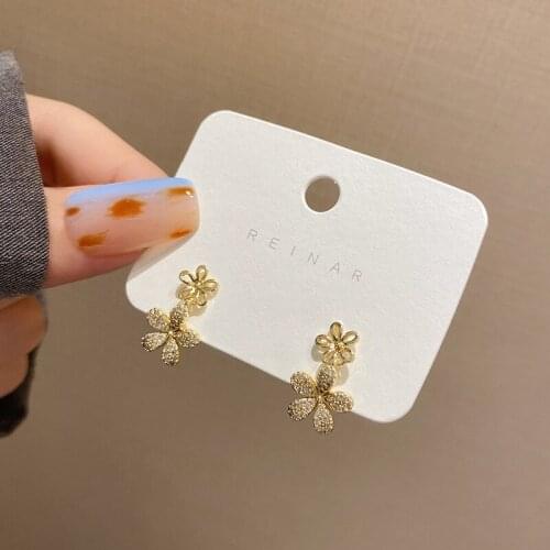 Origin Summer French Sparkly CZ Stone Flowers Pendant Earrings for Women Ladies Small Hollow Gold Colour Floral Earring Jewelry