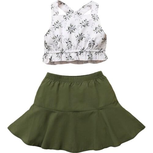 1-6Y Summer Fashion Toddler Kids Girls Clothes Sets 2pcs Leaf print Sleeveless Crop Top Ruffle Skirts Clothes Set