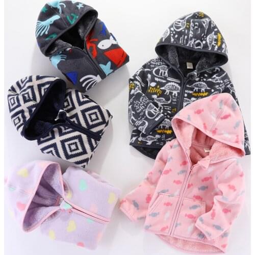 1-6Y) Boys and Girls Winter Hooded Jacket Long Sleeve Cartoon Printed Polar Fleece Warm Zipper Hooded Jacket пальто детское 50