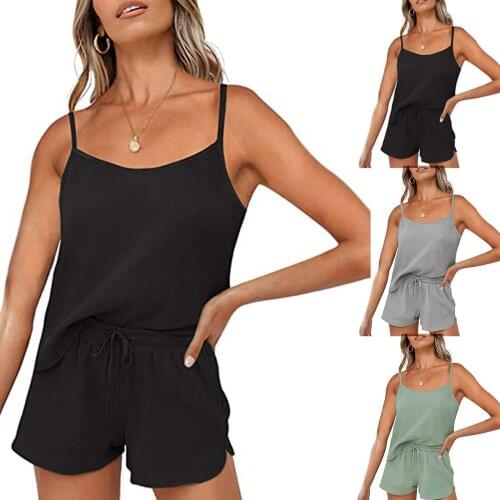 2 Piece Sleepwear Pants Set V Neck Cami Sleeveless Solid Color Summer Underwear for Women 2021 Newest Homewear Pizama Damska