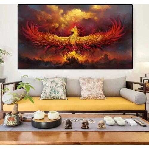 Modern art golden phoenix poster and canvas painting, golden flame wall art mural, used for home bedroom decoration, frameless