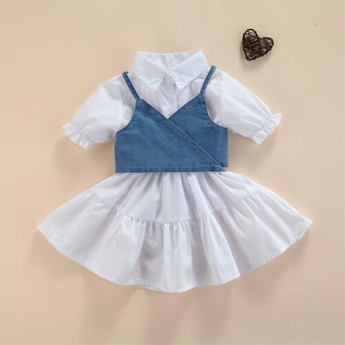 Baby Girls Short Sleeve Dress + Denim Vest, Simple Style Adjustable Bandage with Ruffle Decoration Summer Clothing, 1-6Years