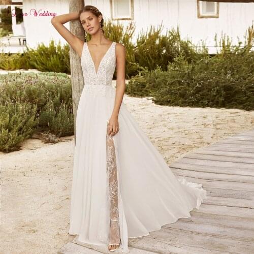 Beach Wedding Dresses Lace V Neck High Side Slit Sexy Open V-cut Back Boho Bridal Gowns Chiffon Skirt vestido de novia 2021