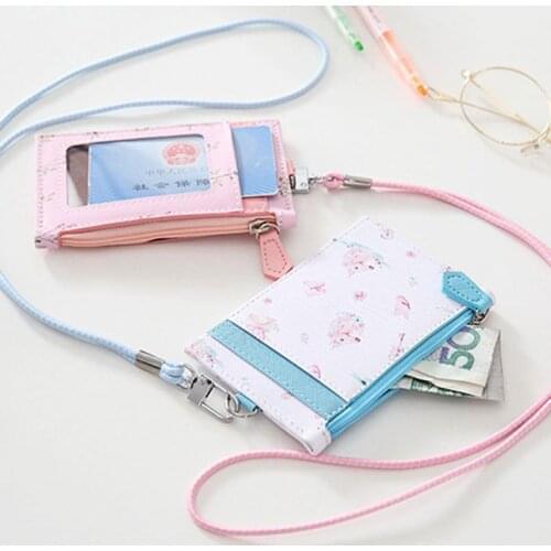 Portable Leather ID Badge Card Holder Case ipper Coin Pocket Purse Office Work with Neck Lanyard