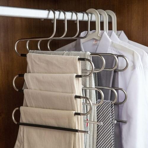 S Type 5 Layer Stainless Steel Multi-Function Hanger Magic Clothes Holder Non-Slip Clothing Dress Pants Storage