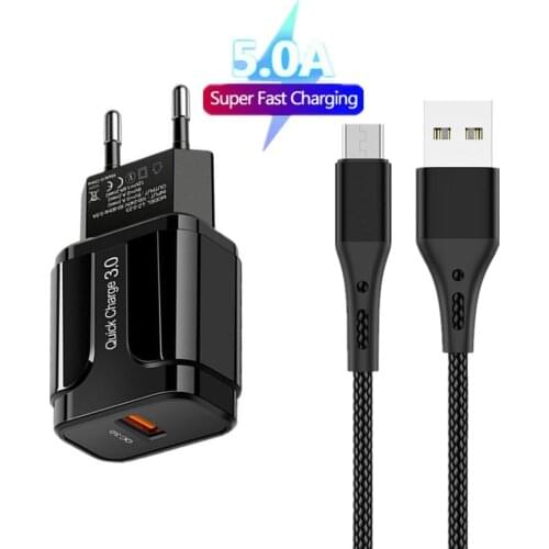 Travel Wall Phone USB Charger 18W QC3.0 Fast Charging Adapter USB Type C Cable For Xiaomi 9 Redmi Note 10 8 7 Pro Samsung S20 FE