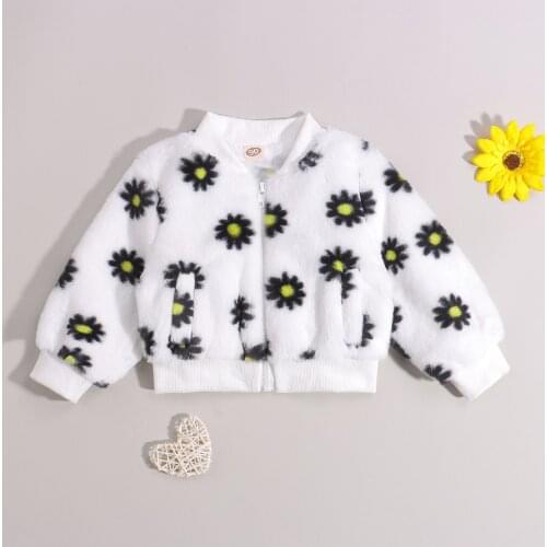 FOCUSNORM 2-7Y Autumn Winter Kids Girls Coat Flower Print Long Sleeve Zipper Pockets Fur Wool Jacket
