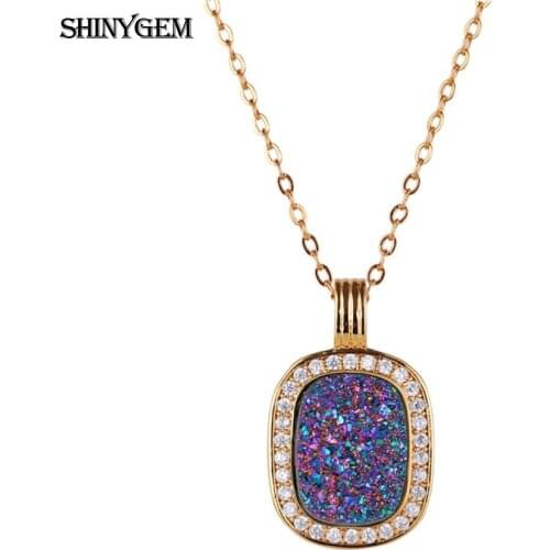 ShinyGem Vintage Crystal Necklaces Rectangle Rainbow Natural Druzy Stone Pendant Necklaces Pure Gold Chain Necklaces For Women