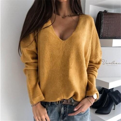 Sexy V-neck Knitted Sweater Women Autumn Long Sleeve Candy Basic Top Knitwear Spring Loose Ladies Sweaters and Pullovers Tops