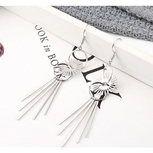 TONGKWOK Bohemia Exaggeration Dangle Earrings For Women Silk Thread Tassel Metal Long Chandelier Earrings #139926