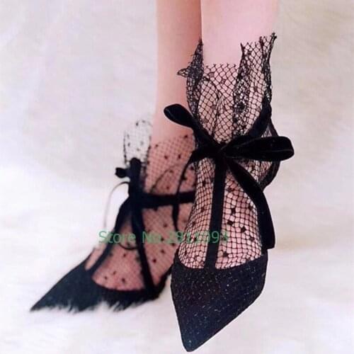 Black Lace Sexy Pointed Toe Pumps Stiletto High Heels Women Party Night Club Shoes Lace Up Office Lady Elegant Shoes Hollow