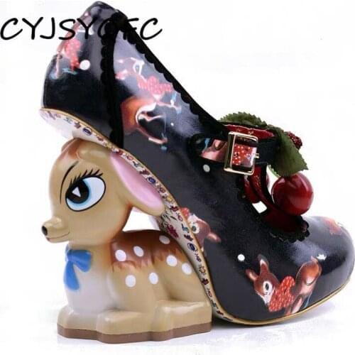 CYJSYQFC Vivid Cute Deear Heel Women Pumps Vintage Cherry Belt Buckle Printed Color Strange High Heel Shoes Bridal Wedding Shoes