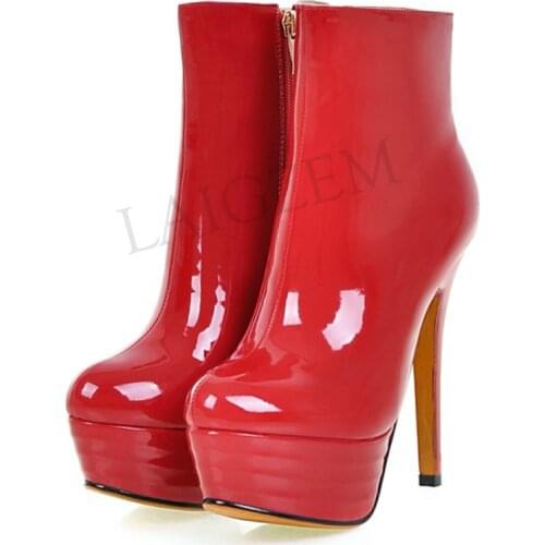 LAIGZEM SUPER Women Ankle Booties Waterproof Chunky Stiletto Heel Zip Shiny Boots Shoes Woman Botines Mujer Large Size 33-43