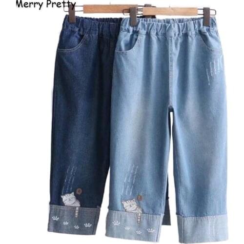 Womens Denim Pants Cute Cartoon Cat Embroidery Pockets Jeans For Girl 2020 Spring New High Waist Calf Length Pant MERRY PRETTY
