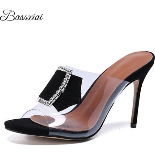 Clear PVC Transparent Slip-On Runway Mules Lady 10cm Thin High Heel Sexy Open Toe Crystal Square Buckle Slingbacks Sandals Women