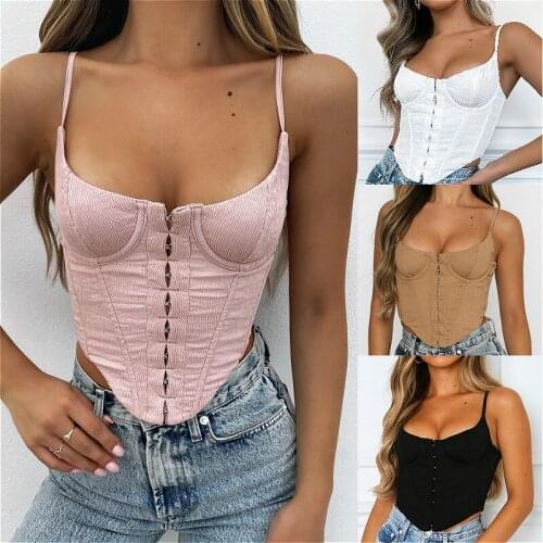 Women Corset Tank Tops 2021 Summer Sleeveless Vintage Bustier Crop Tops Push Up Front Button Low Cut Cami Club Sexy Tops