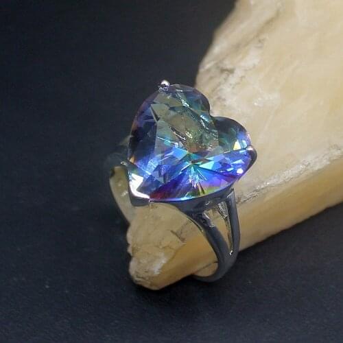 Hermosa Rainbow Heart Mystical Topaz Genuine 925 Silver Unique Band Ring Wedding Engagement Gifts for Women Size 7.5# 20214032