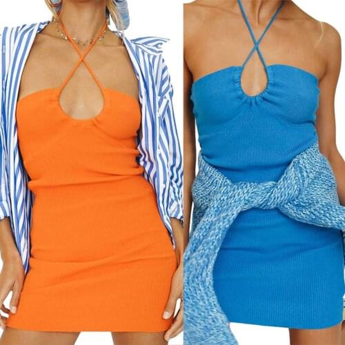 Women Slim Fit Dress Adults Sleeveless Tie Up Low Cut Solid Color Cross Halter